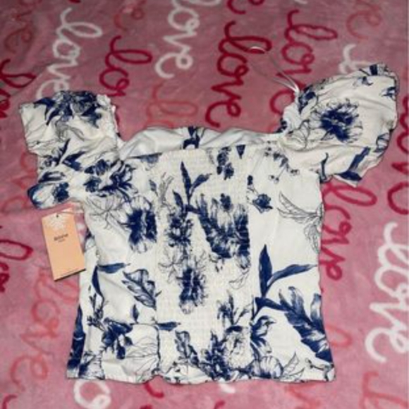 Off Shoulder White and Blue Top - Picture 3 of 4